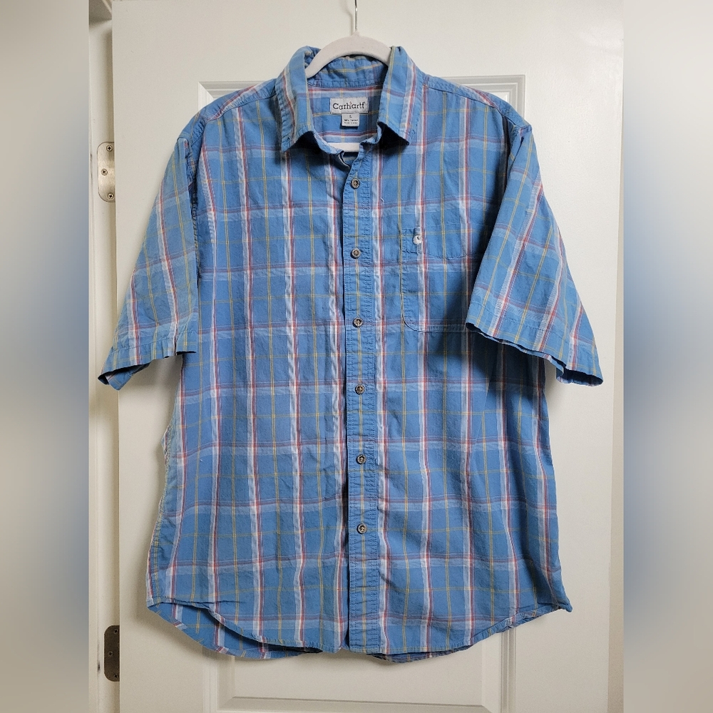 Carhartt Mens Shirt L Large Short Sleeve Relaxed Fit Button Up Plaid Blue
